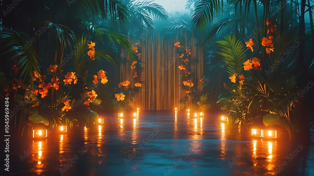 Fototapeta premium Tropical wedding stage with bamboo and palm leaves This wedding stage is set against a bamboo backdrop, with large palm leaves and tropical flowers like orchids and hibiscus arranged throughout.