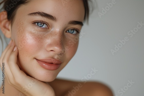 Smiling woman with flawless skin touching her cheek in a serene indoor setting during daylight