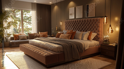 A contemporary master bedroom with a high bed