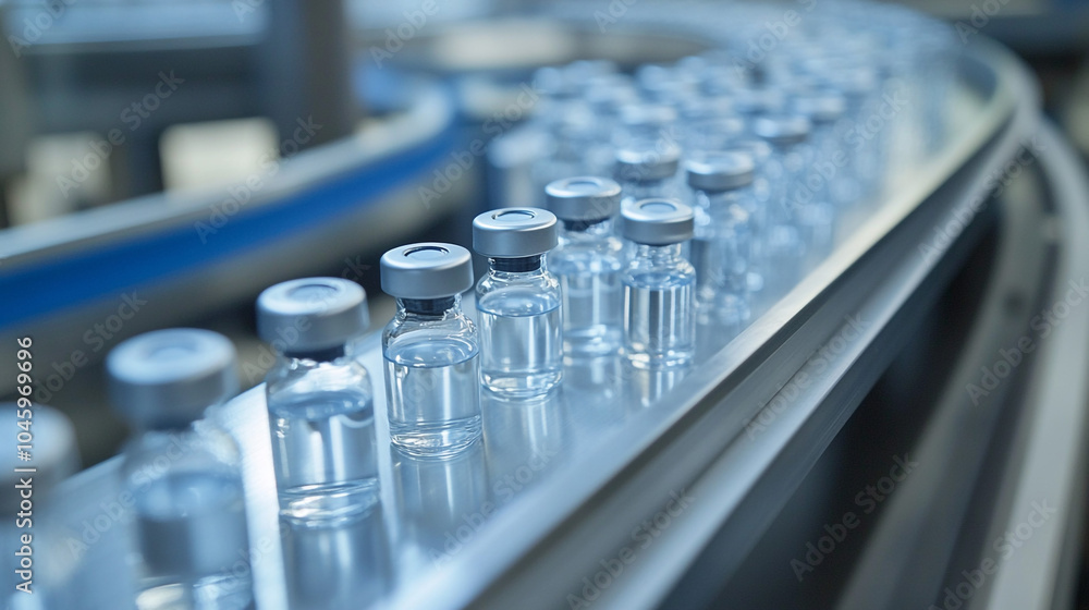 Pharmaceutical Production Line with Vials on Conveyor Belt Pharmaceutical Production Line with Vials on Conveyor Belt