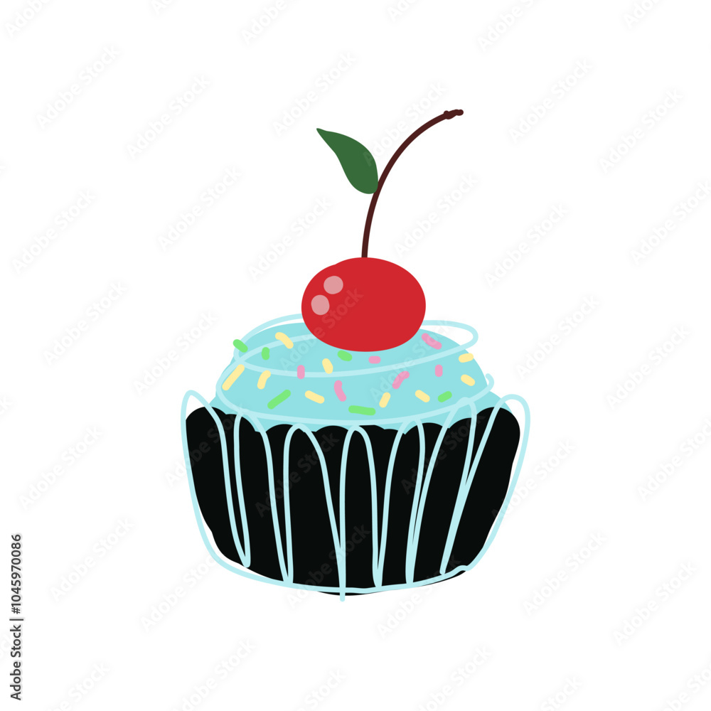 A delightful and charming illustration of a colorful cupcake beautifully topped with blue frosting and a bright cherry A delightful and charming illustration of a colorful cupcake beautifully topped with blue frosting and a bright cherry