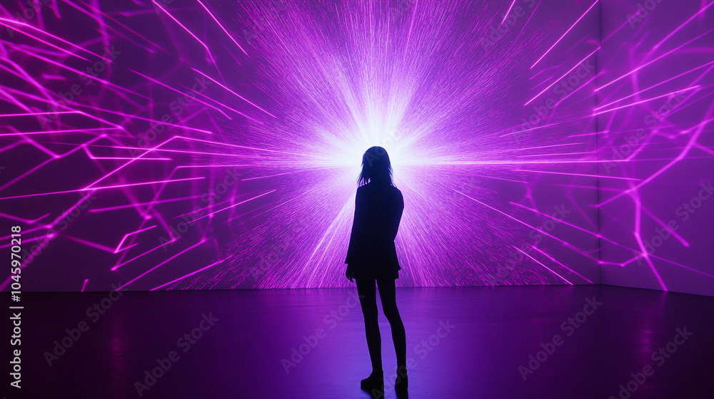 Woman Silhouette Illuminated by Purple Laser Light Show Woman Silhouette Illuminated by Purple Laser Light Show