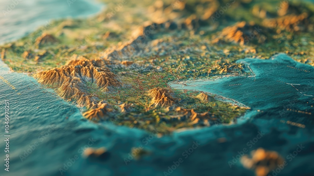 A close-up, high-detail capture of Cubaa??s map showing its rugged mountain ranges and soft coastal contours A close-up, high-detail capture of Cubaa??s map showing its rugged mountain ranges and soft coastal contours