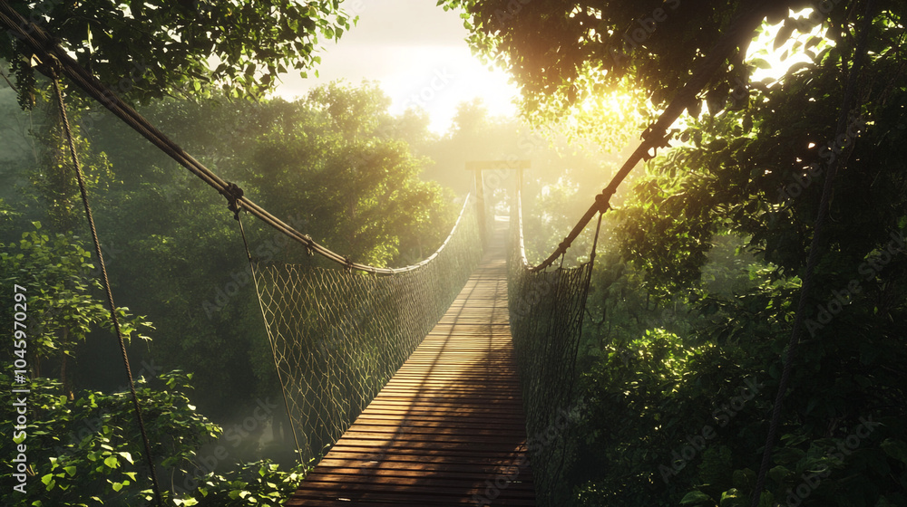 Fototapeta premium Jungle Bridge Canopy Walkway Tropical Forest Sunbeams Adventure Nature