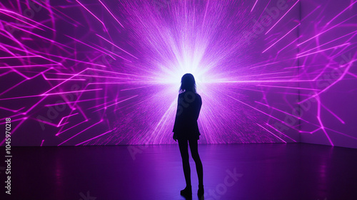 Woman Silhouette Illuminated by Purple Laser Light Show