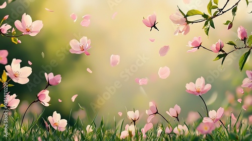  A cluster of pink blossoms on a branch amidst green grasses, with a hazy background of pink petals