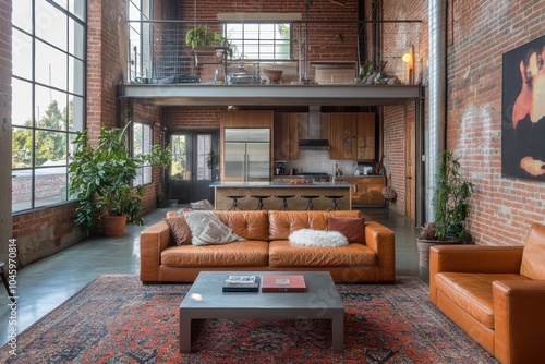 rustic industrial decor, living room with exposed brick walls, modern steel table, and retro leather couch evokes an industrial vibe photo