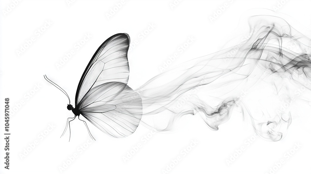 Black and white photo of butterfly flying with wings smoking Black and white photo of butterfly flying with wings smoking