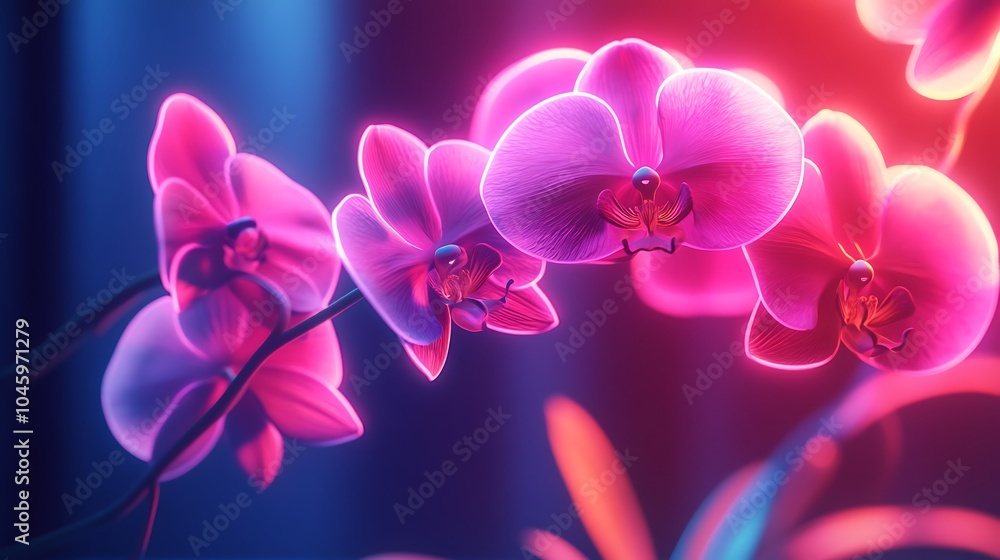 Fototapeta premium Glowing orchid flower neon light beautiful bloom realistic image