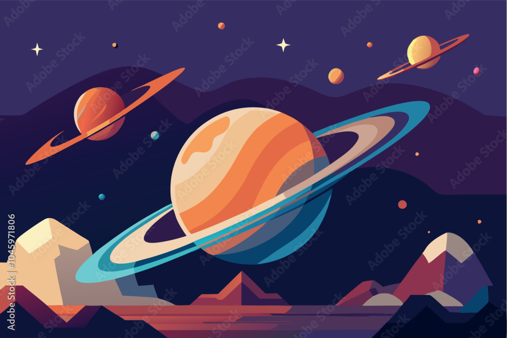 Naklejka premium Illustration of the view from a distinctive planet looking out into space flat vector style