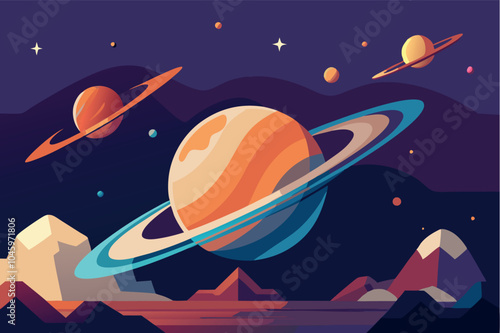 Illustration of the view from a distinctive planet looking out into space flat vector style