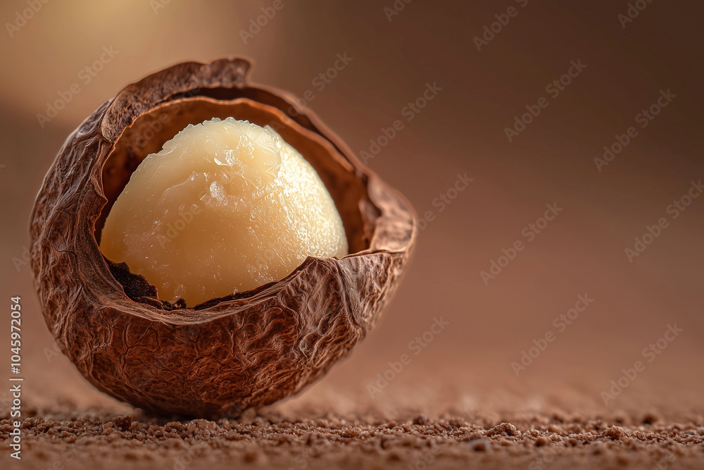 Close-up of a shea nut with its extract, showcasing the rich, creamy texture and natural brown tones