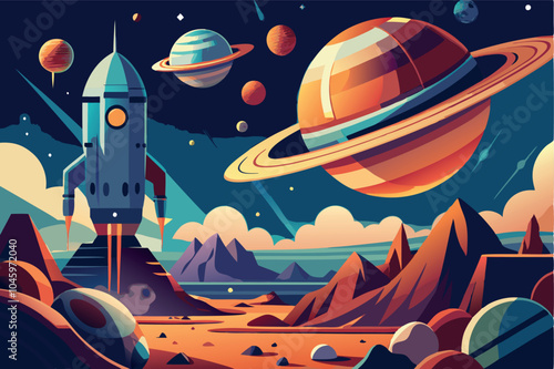 Illustration of the view from a distinctive planet looking out into space flat vector style