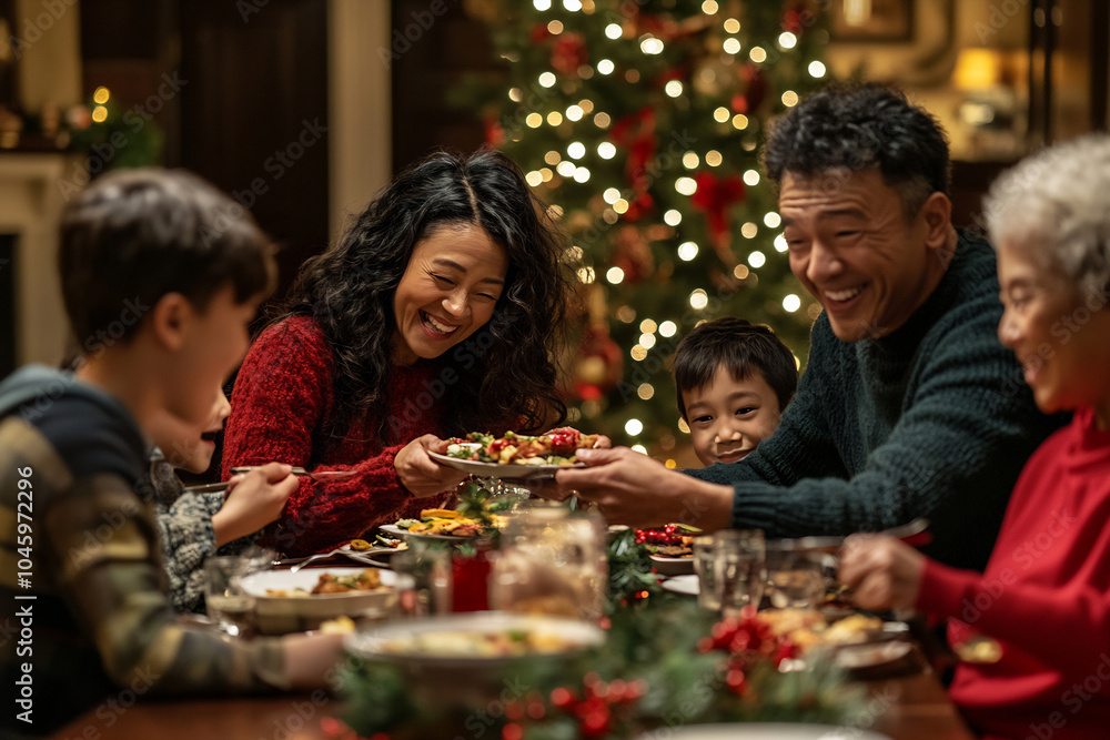 Family gathering around the dinner table during the festive season, sharing homemade dishes and enjoying each other's company Family gathering around the dinner table during the festive season, sharing homemade dishes and enjoying each other's company