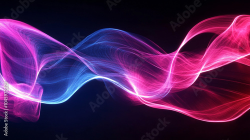 Abstract Pink and Blue Flowing Light Waves on Black Background