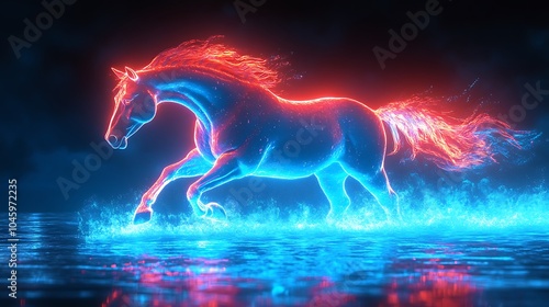 Vibrant neon horse galloping across ocean in abstract light design photo