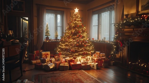 Wallpaper Mural A cozy living room with a beautifully decorated Christmas tree glowing with lights and ornaments, surrounded by wrapped gifts Torontodigital.ca