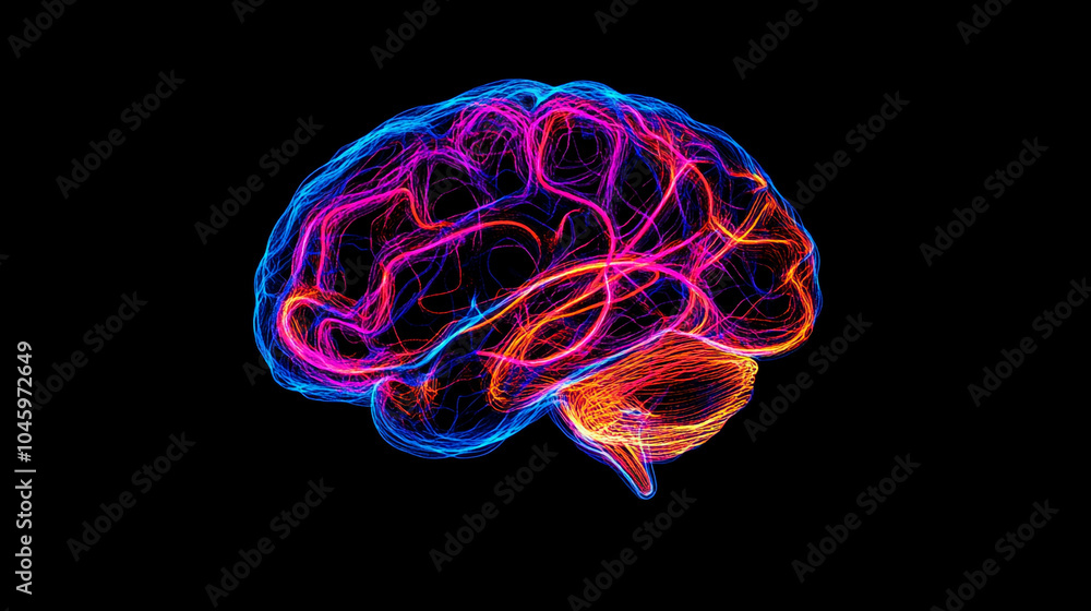Abstract Brain Illustration with Pink Blue and Orange Light Trails Abstract Brain Illustration with Pink Blue and Orange Light Trails