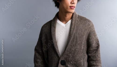 冬のトレンドを象徴するふわふわカーディガンとトップスのレイヤリングスタイル。カーディガンの質感とコーディネートのバランスが、暖かくもスタイリッシュな装いを表現する