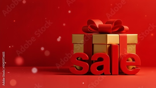 christmas gold gift box and letters SALE over gold gift box with red bow, red festive background