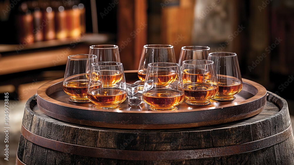 Whiskey Glasses on Wooden Barrel with Ice Cubes Drinks and Barware Whiskey Glasses on Wooden Barrel with Ice Cubes Drinks and Barware