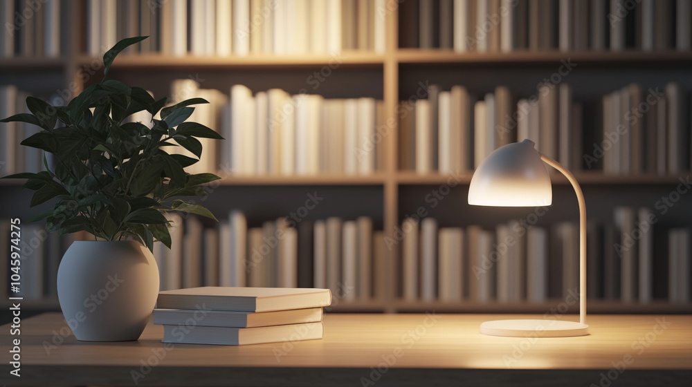 Cozy Reading Nook with Bookshelf Desk Lamp and Plant Cozy Reading Nook with Bookshelf Desk Lamp and Plant
