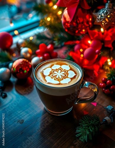 Close-up of a cup of coffee with latte art shaped like intricate flowers, surrounded by vibrant red and green Christmas decorations, including shiny ornaments and flickering lights, placed on a polish photo