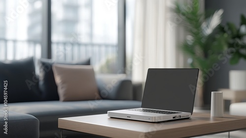 Internet Router And Laptop On Coffee Table In Modern Living Room With Blurred Background