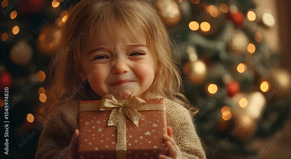 Sad child not before Christmas present, with Christmas tree in background. Christmas gift concept. Sad child not before Christmas present, with Christmas tree in background. Christmas gift concept.