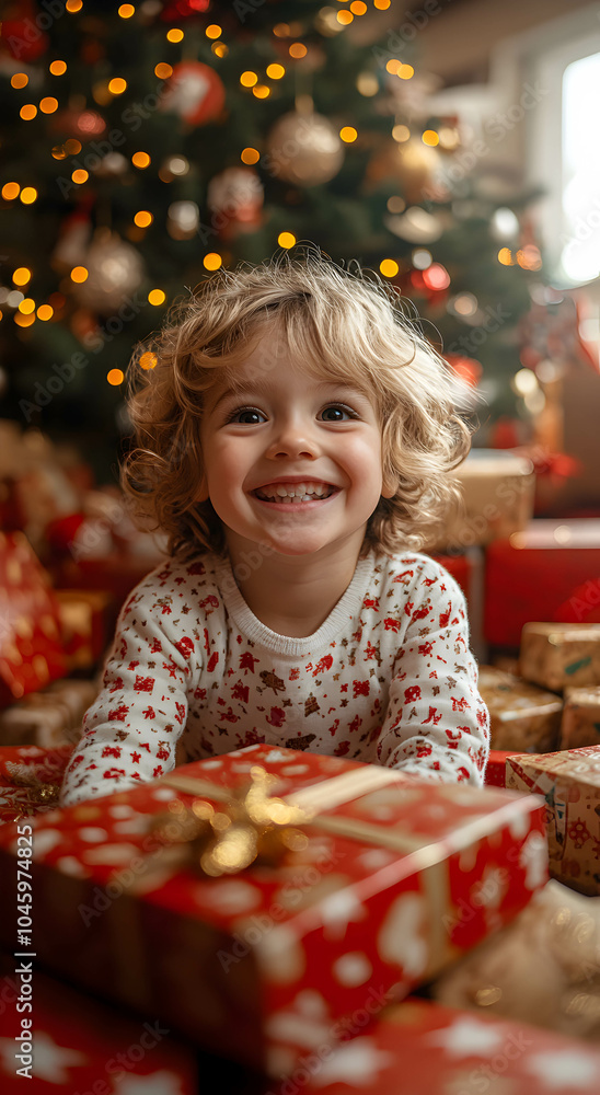 A child excitedly opens presents under the Christmas tree. A young child opens a gift from Santa Claus on Christmas morning. The concept of a Christmas gift for a child. . A child excitedly opens presents under the Christmas tree. A young child opens a gift from Santa Claus on Christmas morning. The concept of a Christmas gift for a child. .