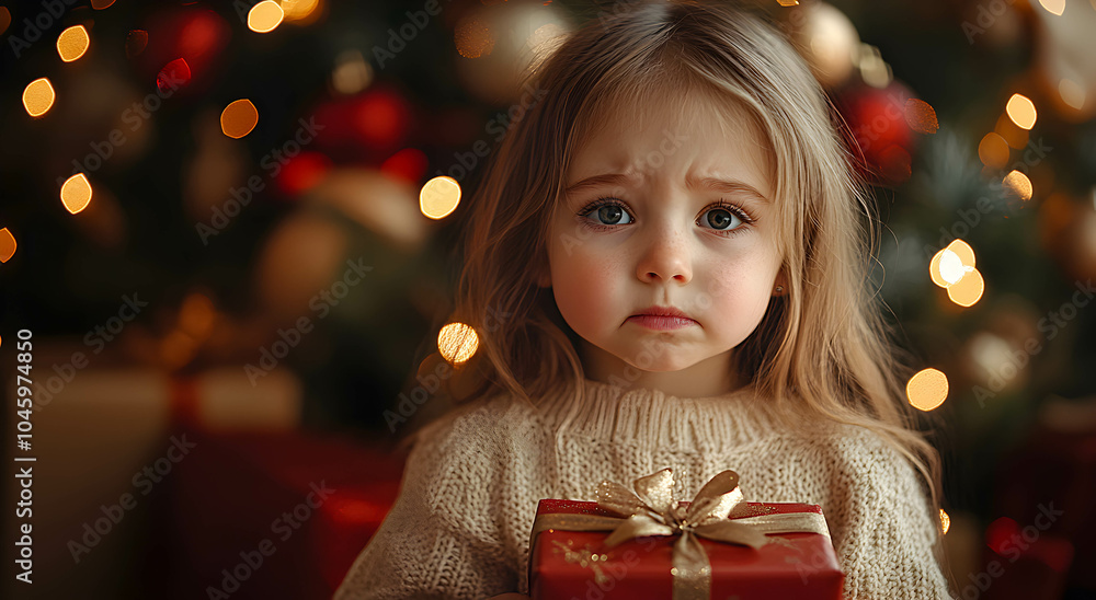 Sad child not before Christmas present, with Christmas tree in background. Christmas gift concept. Sad child not before Christmas present, with Christmas tree in background. Christmas gift concept.