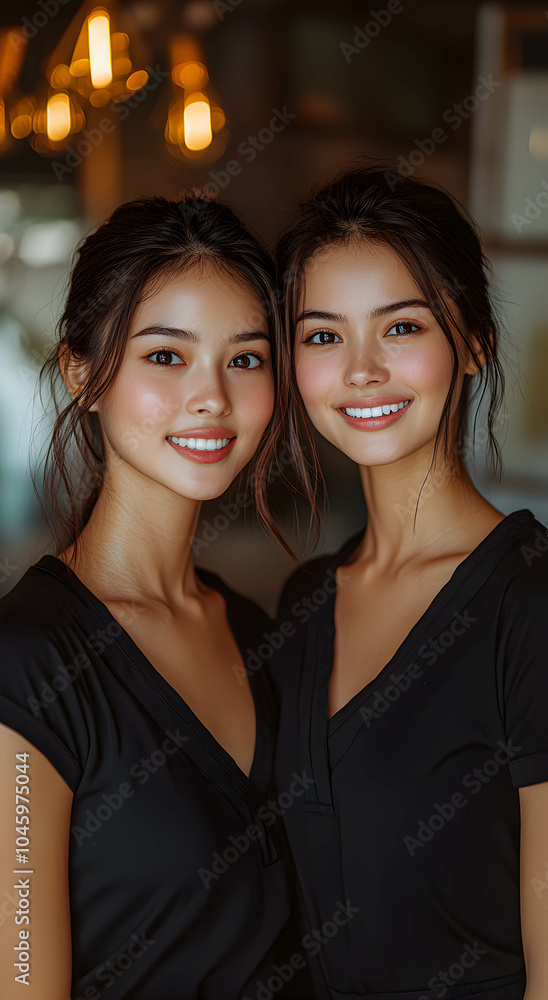 Two Thai attractive masseuses stand in a bright minimalist Thai massage parlor wearing black shirts, smiling welcomingly. Thai massage concept. . Two Thai attractive masseuses stand in a bright minimalist Thai massage parlor wearing black shirts, smiling welcomingly. Thai massage concept. .