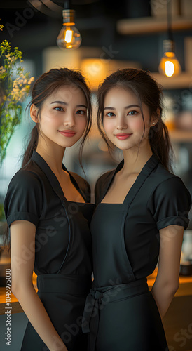 Two Thai attractive masseuses stand in a bright minimalist Thai massage parlor wearing black shirts, smiling welcomingly. Thai massage concept. . photo