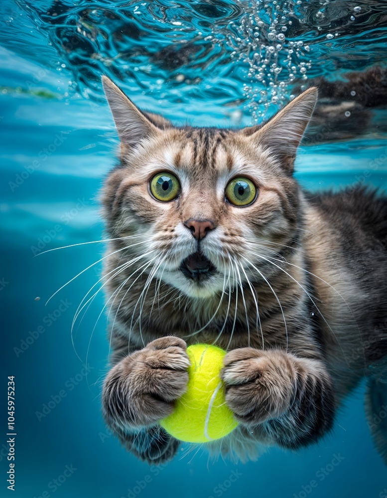Cat caught catching a tennis ball underwater in a pool Cat caught catching a tennis ball underwater in a pool