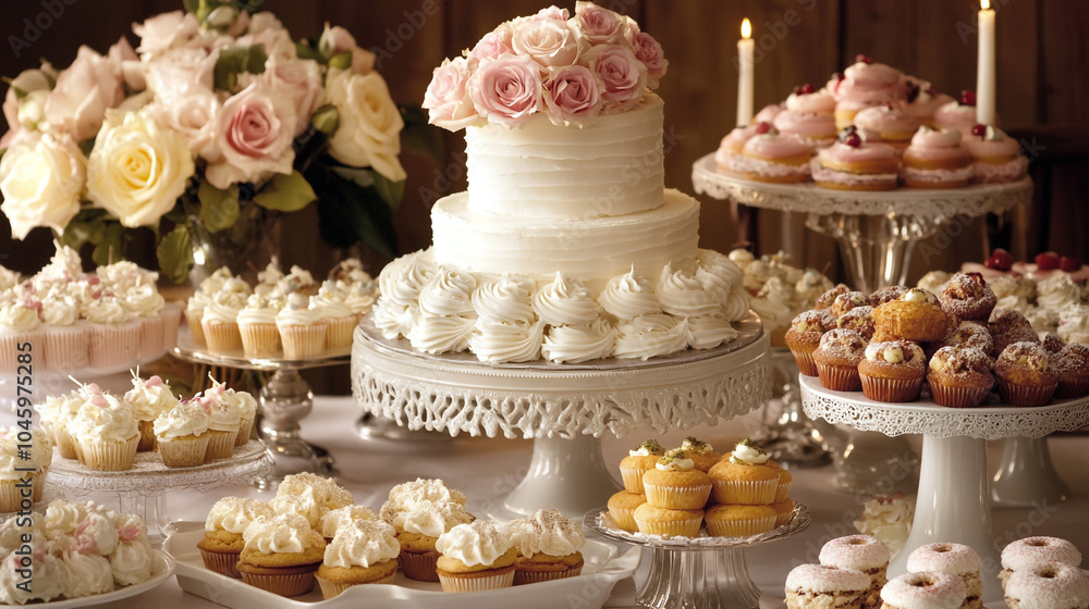 Elegant Wedding Dessert Buffet with Cake Cupcakes and Donuts Elegant Wedding Dessert Buffet with Cake Cupcakes and Donuts