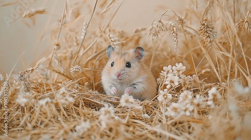   Hamster amidst dried grass, gazing curiously at the camera photo