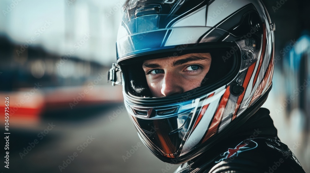 A determined racer in a helmet looks back with intensity, mentally gearing up for the race that awaits on the track. Generative AI A determined racer in a helmet looks back with intensity, mentally gearing up for the race that awaits on the track. Generative AI