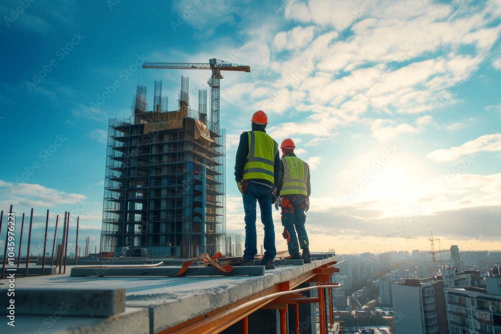 Specialized team inspects a commercial industrial site under construction during sunset in an urban area Specialized team inspects a commercial industrial site under construction during sunset in an urban area
