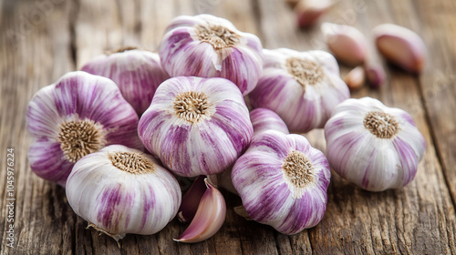 Fresh Purple Garlic Bulbs on Rustic Wooden Background Food Photography