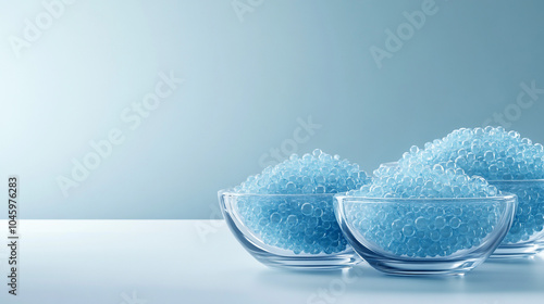 Blue Silica Gel Beads in Glass Bowls on White Background