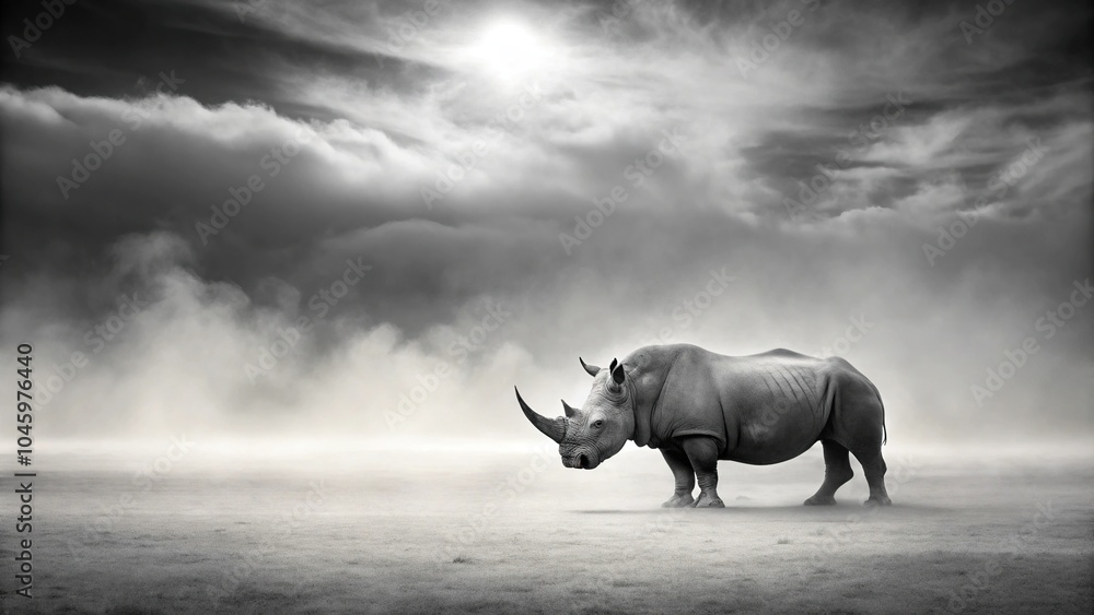 Fototapeta premium Solitary rhinoceros in misty landscape
