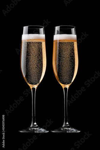 Champagne flutes with bubbles on a black background