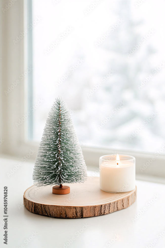 Christmas decoration with miniature tree and candle Christmas decoration with miniature tree and candle
