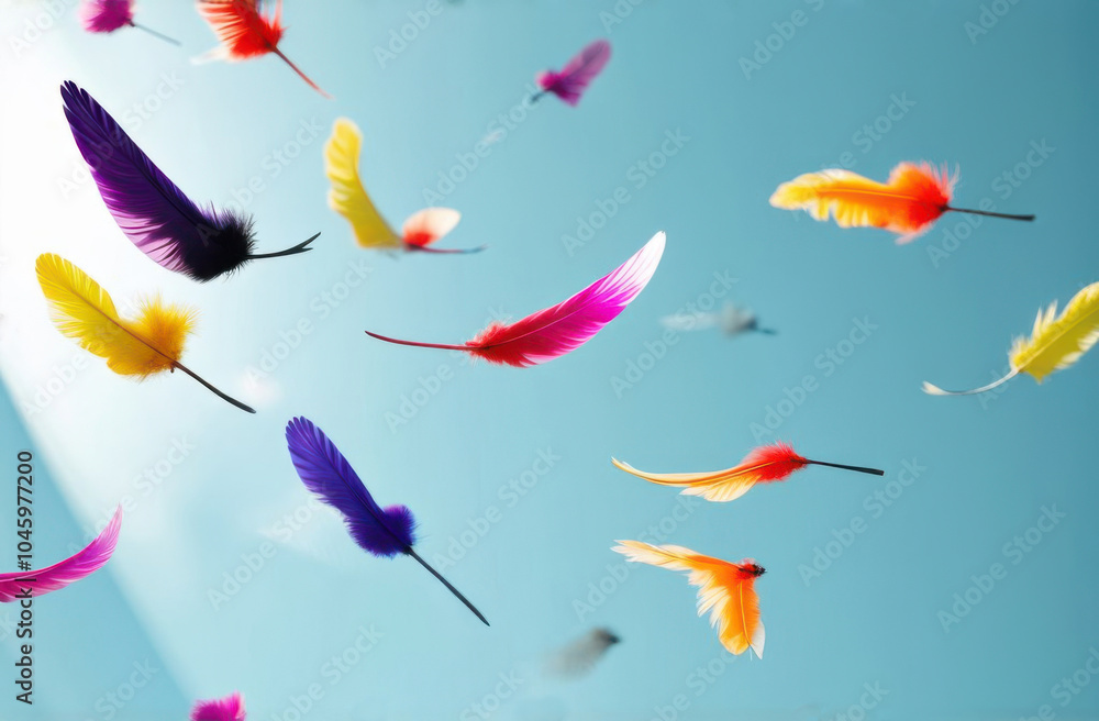 Many flying fluffy multi-colored feathers on a light blue background Many flying fluffy multi-colored feathers on a light blue background