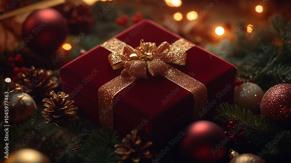 Red Velvet Gift Box With Gold Bow and Christmas Decorations Red Velvet Gift Box With Gold Bow and Christmas Decorations