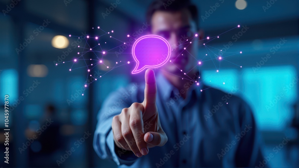 Touching a glowing digital chat icon, a person navigates virtual communication with innovative technology in a dark, blurred background. Touching a glowing digital chat icon, a person navigates virtual communication with innovative technology in a dark, blurred background.