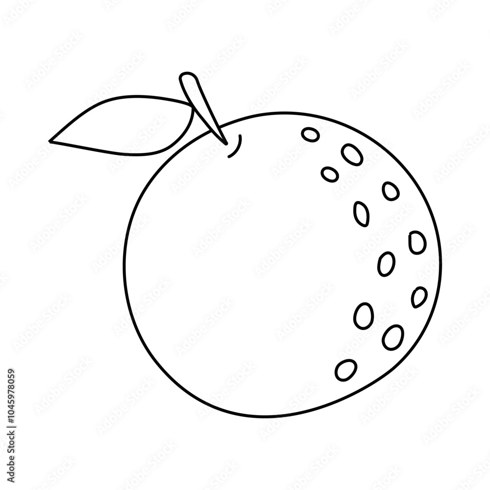 Simple black and white illustration of an orange with a leaf and textured dots on a white background Simple black and white illustration of an orange with a leaf and textured dots on a white background
