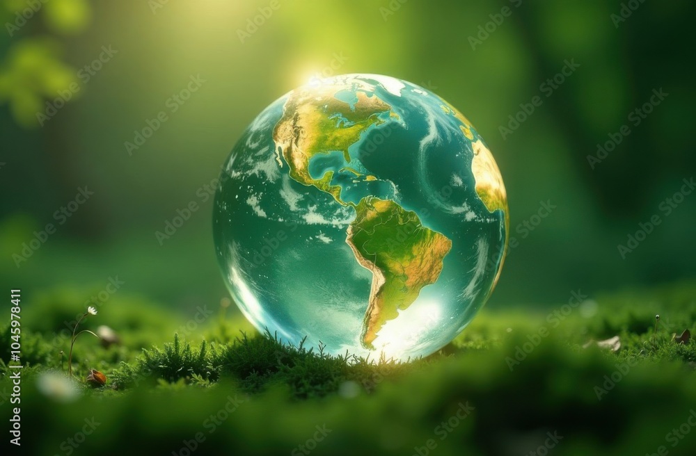 Glowing glass planet earth on green natural background, ecology concept Glowing glass planet earth on green natural background, ecology concept