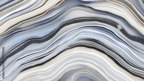 Agate slice background, abstract layers with unique patterns in gray, blue, and white, copy space