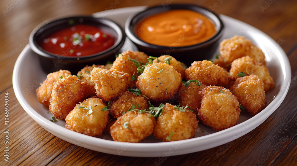 Crispy Fried Cheese Balls with Dipping Sauces Appetizer Food Photography Crispy Fried Cheese Balls with Dipping Sauces Appetizer Food Photography